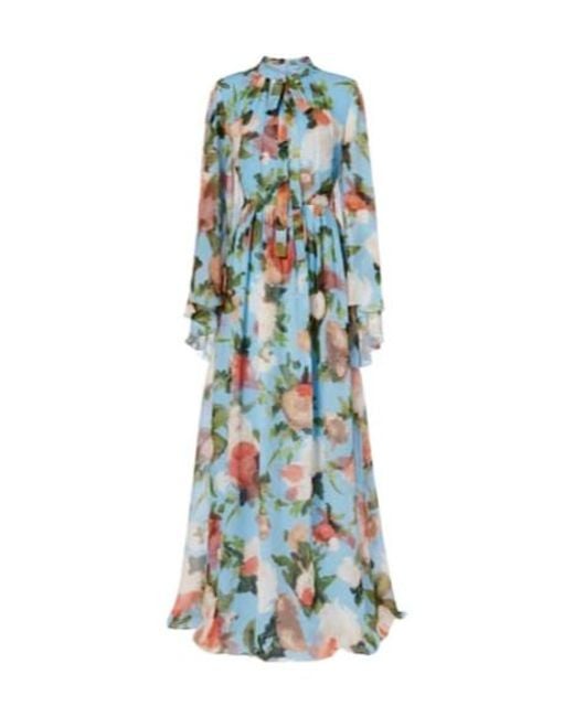 Erdem Blue Caped Floral Silk Voile Gown
