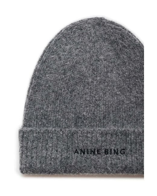 Anine Bing Gray Elia Logo Embroidered Beanie