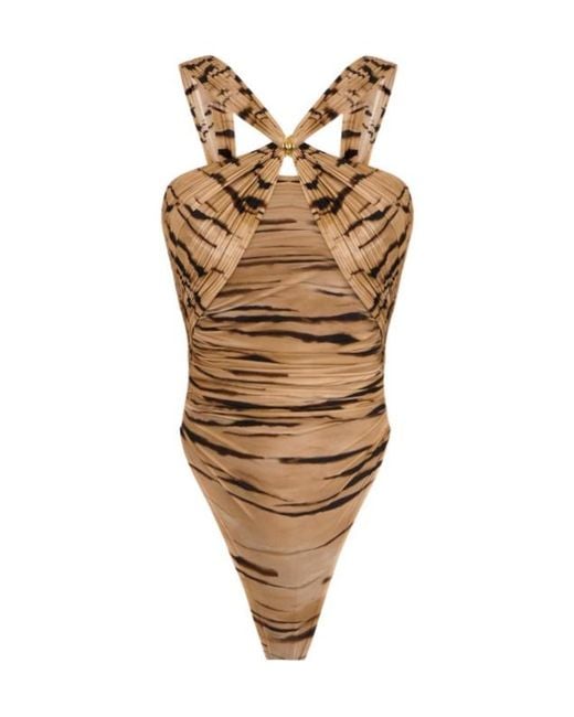 Elisabetta Franchi Multicolor Tiger Printed Ruched Bodysuit