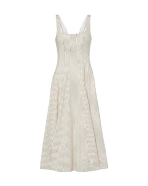 Staud White Striped Pleated Cotton Midi Dress