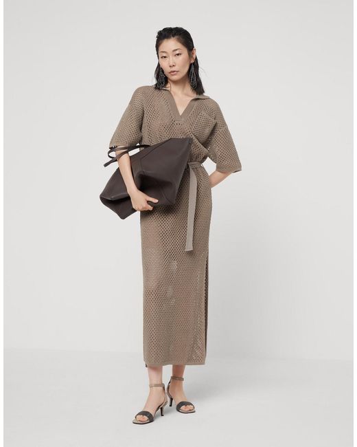 Brunello Cucinelli Natural Crochet-Knitted Belted Midi Dress