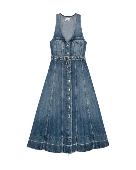 Ganni Blue Light Denim Belt Midi Dress