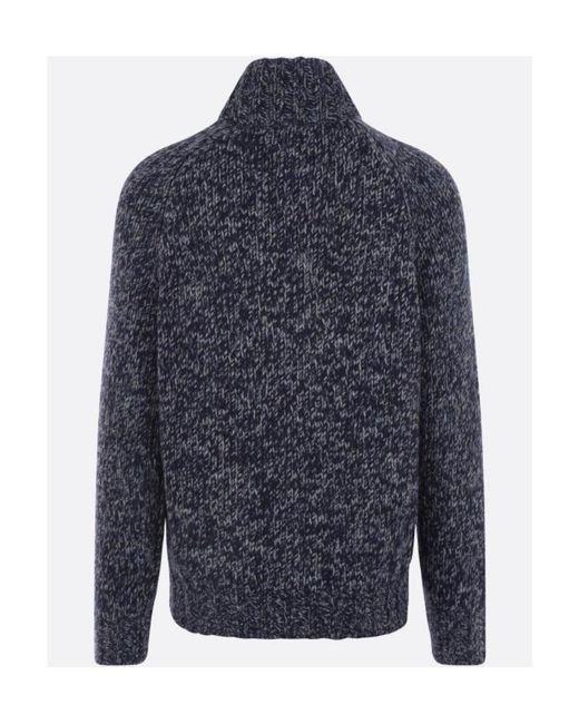 Brunello Cucinelli Blue High Neck Zipped Knitted Jumper for men
