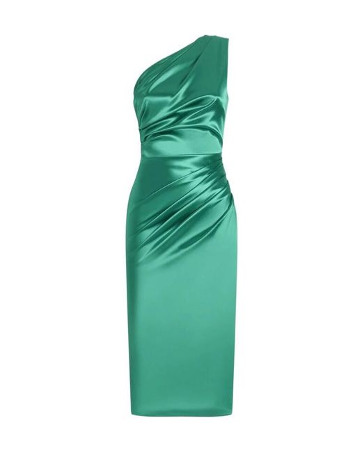 Dolce & Gabbana Green One-Shoulder Draped Midi Dress