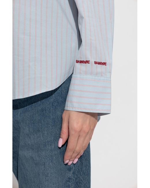 Samsøe & Samsøe Gray Salova Striped-Pattern Pocket Shirt