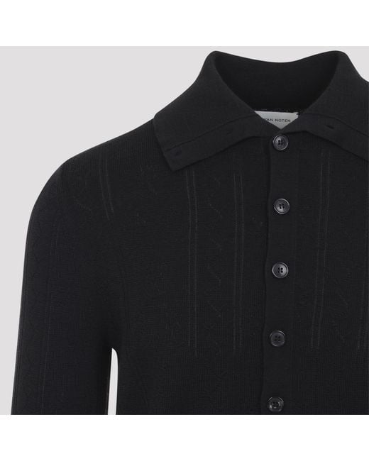 Dries Van Noten Black Long Sleeve Knitted Polo Shirt for men