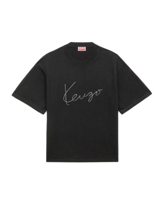 KENZO Black Logo Embroidered Crewneck T-Shirt for men