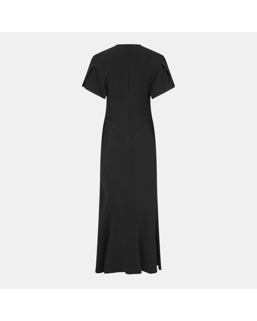 Victoria Beckham Black Gathered V-Neck Midi Dress