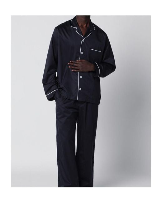 Tekla Blue Contrast-Piping Pajamas Shirt for men