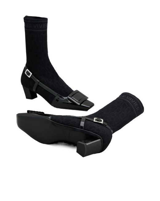 Roger Vivier Black Belle Vivier Sock Lacquered Buckle Ankle Boots