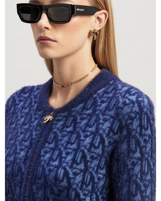 Palm Angels Blue Monogram-Jacquard Zip-Up Cardigan