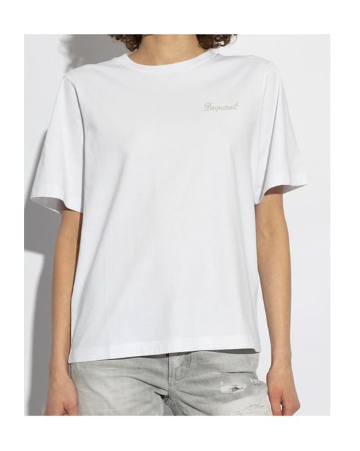 DSquared² White Logo Rhinestone Embellished Crewneck T-Shirt