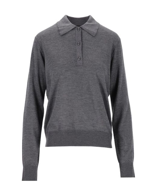 Loulou de Saison Gray Fine-Knit Long-Sleeve Polo Shirt