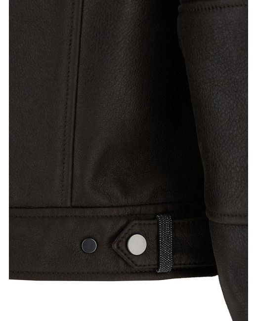 Brunello Cucinelli Black Shearling-Collar Cropped Biker Jacket