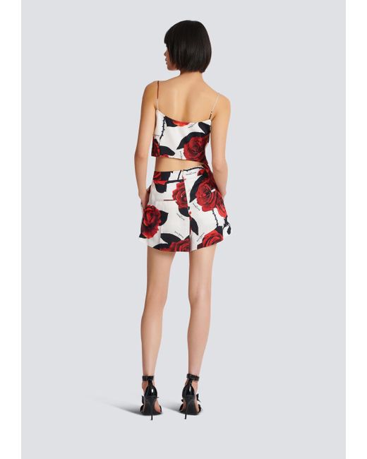 Balmain Red Rose Printed Satin Shorts