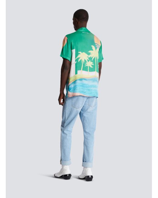 Balmain Blue Palm Printed Short-Sleeve Twill Shirt for men