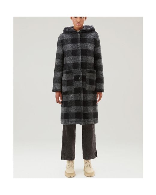 Woolrich Black Checked Hooded Wool-Blend Coat