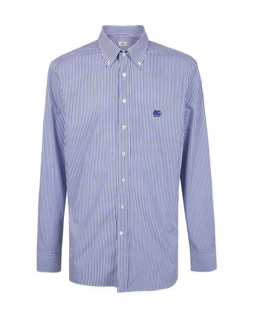 Etro Blue Pegaso Embroidered Striped Shirt for men
