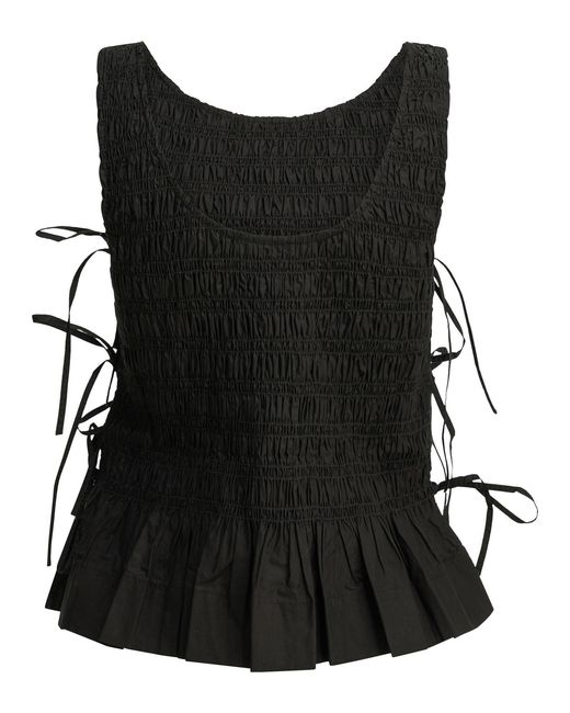 Ganni Black Smocked Peplum Top