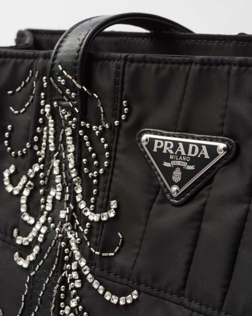 Prada Black Medium Re-Nylon Patchwork Tote Bag With Embroidery