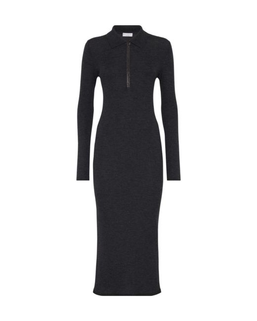 Brunello Cucinelli Black Monili-Trim Long-Sleeved Midi Dress