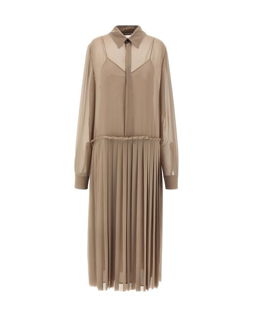 AMI Natural Long-Sleeved Pleated Midi Dress