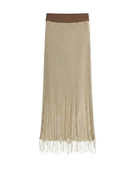 Uma Wang Natural Distressed Ribbed Knit Midi Skirt