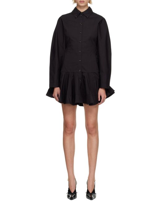 Ganni Black Ruffled Hem Detailed Mini Shirt Dress