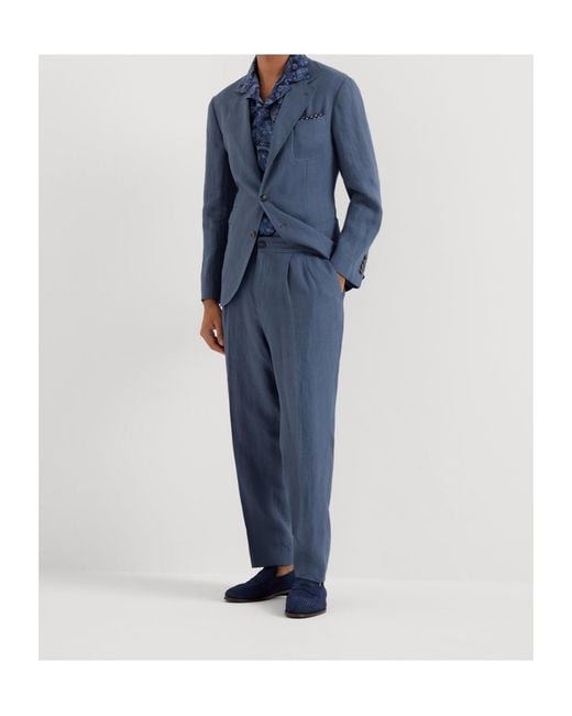 Brunello Cucinelli Blue Linen Straight-Leg Trousers for men