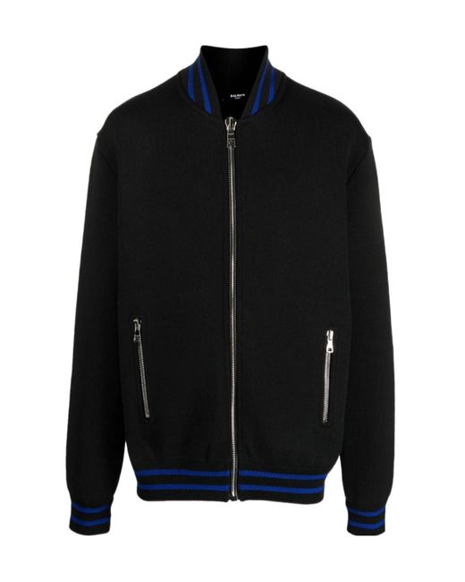 Balmain Black Drop Shoulder Knitted Bomber Jacket for men