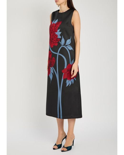LaDoubleJ Red Column Floral-Jacquard Satin-Twill Midi Dress