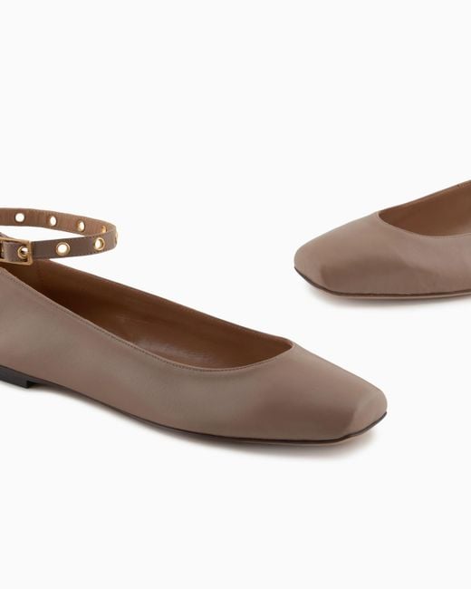 Emporio Armani Brown Square Toe Buckle Detailed Ballet Flats