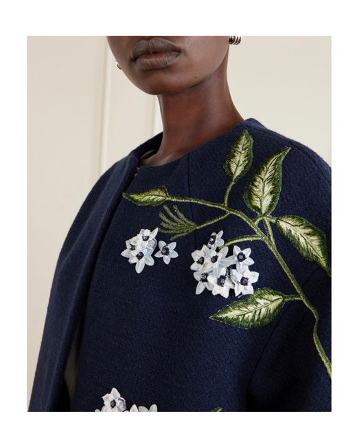 Oscar de la Renta Blue Embellished Embroidered Cotton-Blend Tweed Coat