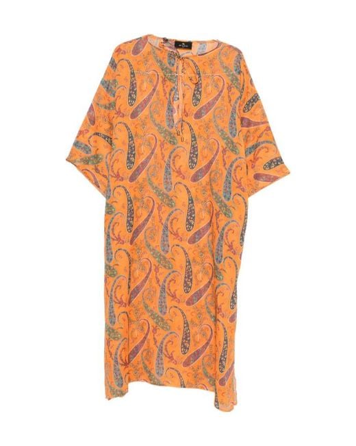 Etro Orange Paisley-Pattern Tie-Neck Midi Dress