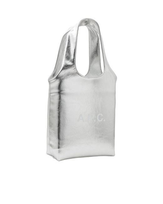 A.P.C. Gray Logo Printed Metallic Effect Tote Bag