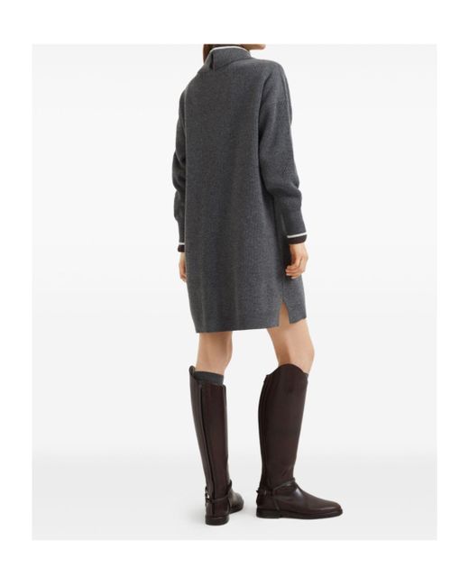 Brunello Cucinelli Gray High Neck Ribbed Mini Dress