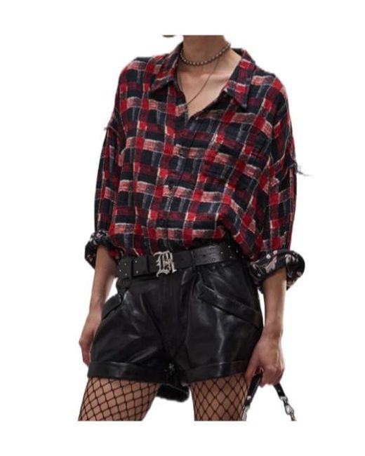 R13 Red Reversible Checked Floral Shirt