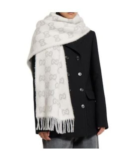 Gucci White Gg Alpaca Wool Blend Scarf