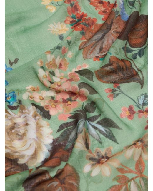 Max Mara Green Floral-Print Frayed Scarf