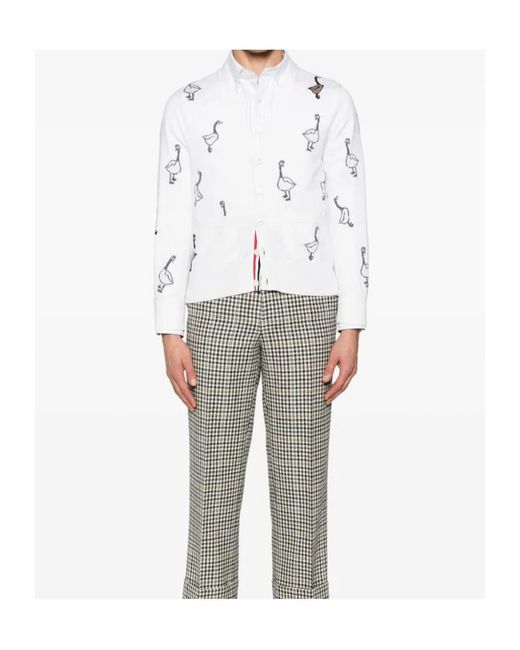 Thom Browne White Motif Embroidered Striped Shirt for men
