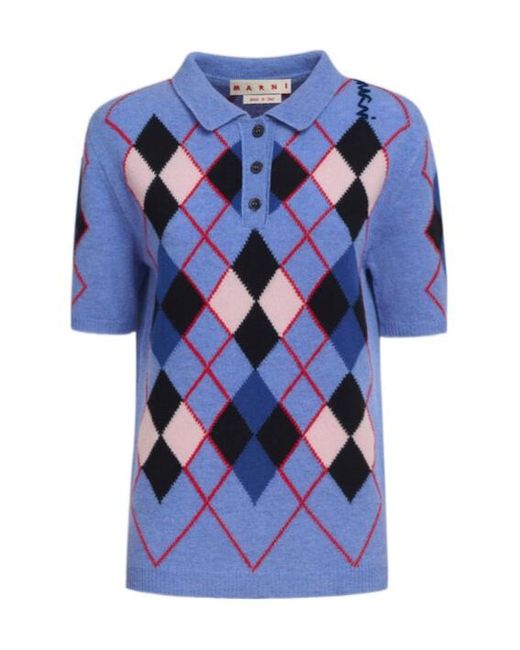 Marni Blue Argyle Knit Polo Shirt