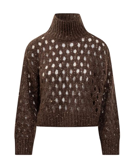 Brunello Cucinelli Brown Sequin-Embellished High-Neck Sweater