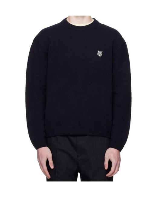 Maison Kitsuné Black Fox-Head Wool Sweater for men
