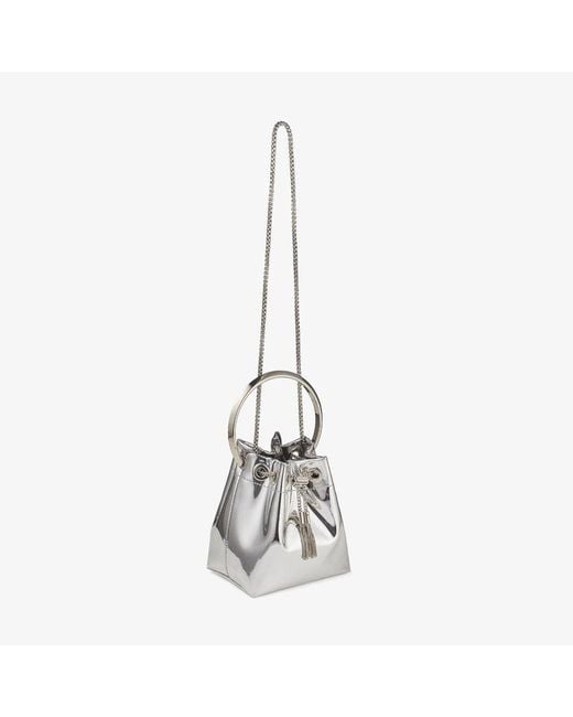 Jimmy Choo White Bon Bon Metallic Drawstring Mini Bucket Bag