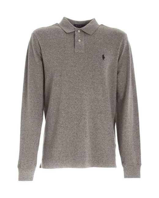 Polo Ralph Lauren Gray Logo Embroidered Long-Sleeved Polo Shirt for men