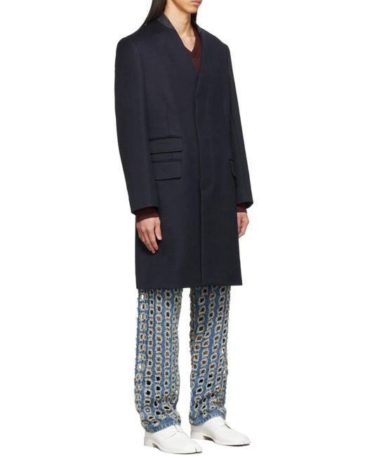 Maison Margiela Blue Collarless Single Breasted Coat for men
