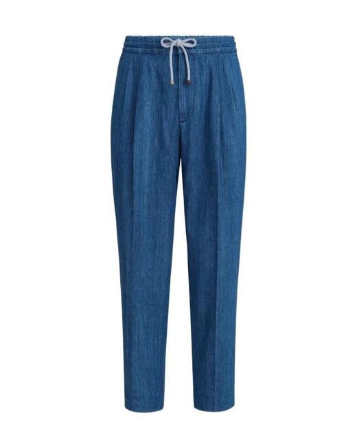 Brunello Cucinelli Blue Double Pleats Lightweight Denim Trousers for men