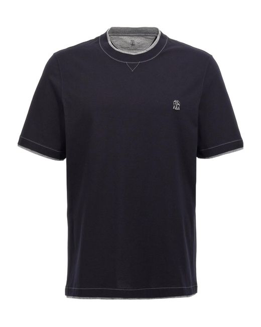 Brunello Cucinelli Blue Logo Embroidered Layered T-Shirt for men