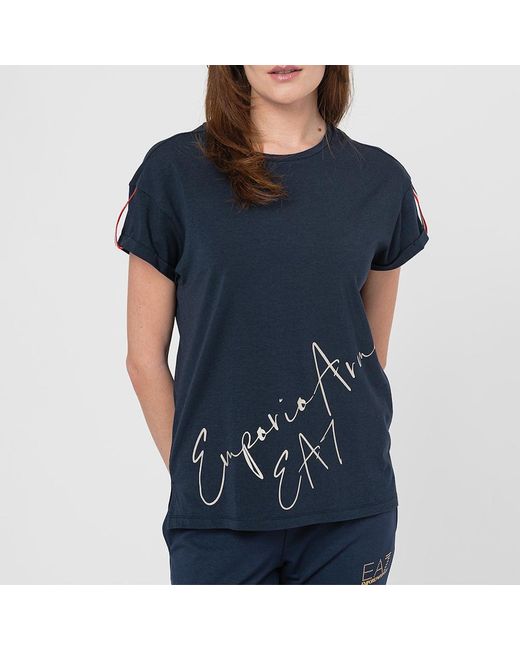 EA7 Blue Round Collar Striped T-Shirt