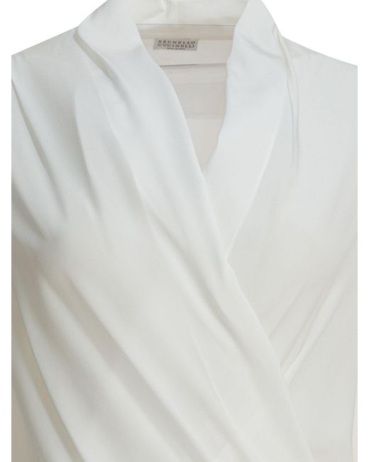 Brunello Cucinelli White V-Neck Long Sleeved Bodysuit